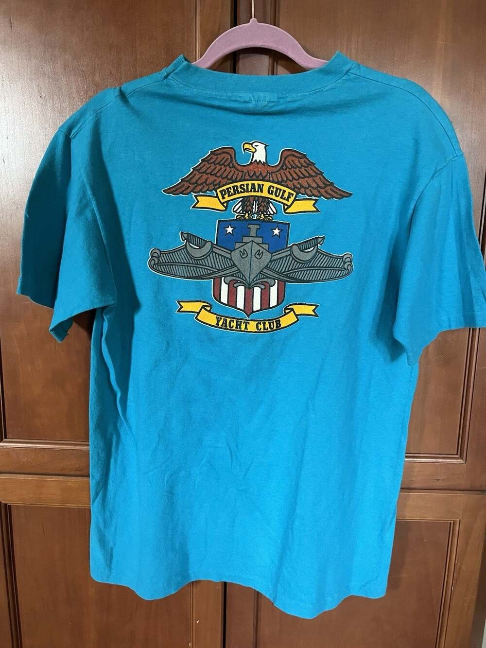 Vintage USS Aubrey Fitch FFG-34 Persian Gulf Yacht Club T Shirt Hanes L USA
